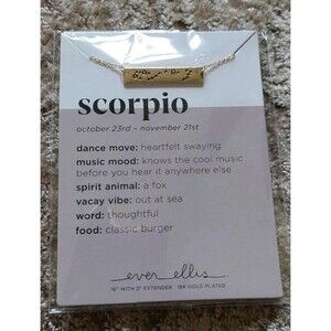Scorpio Zodiac Bar Necklace 18K Gold Plated Ever Ellis 16" October 23 - Nov 21
